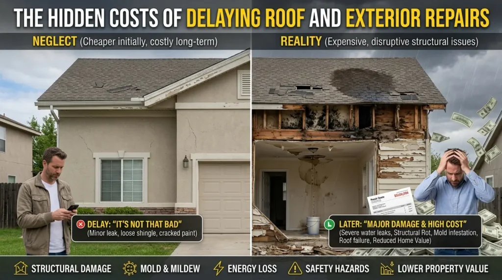 The Hidden Costs of Delaying Roof and Exterior Repairs Most homeowners understand that roofs and exterior systems require maintenance, but many delay inspections or repairs until visible problems become impossible to ignore. Unfortunately, waiting too long can create a chain reaction of issues that affect far more than the outside appearance of a home. Minor exterior concerns rarely stay minor forever. A small roofing issue can eventually lead to insulation damage, moisture buildup, weakened structural materials, and expensive restoration work. The same is true for gutters, siding, flashing, and ventilation systems. Preventive care often costs significantly less than major repairs caused by long-term neglect. Understanding how exterior systems work together can help homeowners make smarter decisions before problems escalate. Why Exterior Maintenance Should Be Proactive The exterior of a home faces constant exposure to weather, changing temperatures, and environmental stress. Wind, rain, humidity, UV rays, and seasonal storms gradually wear down materials over time. Because damage develops slowly, many homeowners overlook warning signs until leaks or interior issues appear. However, by the time visible water stains or structural symptoms emerge, the underlying damage may already be extensive. A proactive maintenance strategy helps reduce the likelihood of: Water intrusion Mold growth Structural deterioration Rising utility costs Premature material failure Emergency repair expenses Routine inspections can help identify these concerns early while repairs remain more manageable. Roofing Systems Do More Than Keep Rain Out A roof is one of the most important protective systems in any home. While shingles are the most visible component, a complete roofing system includes underlayment, flashing, decking, ventilation, and drainage elements that all work together. When one area weakens, the entire system may become vulnerable. For example, damaged flashing around chimneys or vents can allow water infiltration even if shingles appear intact. Poor attic ventilation may trap moisture and heat, shortening the lifespan of roofing materials from the inside out. Some common indicators that a roof may need professional attention include: Curling or Missing Shingles Aging or storm-damaged shingles may expose underlying materials to moisture. Granule Accumulation Shingle granules collecting in gutters often indicate wear and deterioration. Interior Water Stains Discoloration on ceilings or walls can signal hidden roof leaks. Uneven Temperature Levels Poor ventilation and insulation performance may contribute to inconsistent indoor comfort. Addressing these issues early may help homeowners avoid larger structural concerns later. Gutters and Drainage Systems Play a Bigger Role Than Expected Gutters are often overlooked because they seem simple compared to roofing systems, but effective drainage is essential for protecting a home. When gutters become clogged or damaged, rainwater may overflow near the foundation or seep into vulnerable exterior areas. Over time, this excess moisture can contribute to erosion, basement leaks, wood rot, and foundation movement. Proper drainage helps direct water safely away from: Roof edges Siding materials Foundation walls Landscaping features Basement areas Regular gutter cleaning and inspections are among the simplest ways homeowners can reduce preventable moisture-related problems. Siding Helps Protect Structural Integrity Siding is not only decorative. It also acts as a barrier against moisture, pests, and environmental exposure. Cracks, warping, loose panels, or deteriorating seams may allow water to penetrate behind the surface. In some cases, hidden moisture can remain trapped inside wall cavities for long periods before becoming noticeable. Well-maintained siding can help support: Indoor energy efficiency Moisture control Structural protection Long-term durability Overall curb appeal When siding issues are identified early, repairs are often less invasive and less expensive. Storm Damage Is Often Less Visible Than Homeowners Assume Many people expect storm damage to be dramatic and obvious. In reality, weather-related damage is frequently subtle at first. Hail can weaken shingles without creating immediate leaks. Wind may loosen flashing or lift roofing materials slightly, creating future vulnerabilities. Heavy rainfall can expose drainage weaknesses that were previously hidden. Because these issues may not produce immediate symptoms, homeowners sometimes postpone inspections after storms. Months later, they discover moisture damage that could have been addressed much earlier. Scheduling a professional assessment after severe weather events can help identify hidden concerns before they worsen. Energy Efficiency and Exterior Condition Are Closely Connected Exterior systems also influence how efficiently a home operates. Roofing materials, ventilation systems, insulation, and siding all contribute to temperature regulation. When these systems are compromised, heating and cooling equipment often works harder to maintain indoor comfort. This can increase energy consumption and utility costs over time. Exterior improvements that may support better efficiency include: Updated attic ventilation Improved insulation systems Energy-efficient roofing materials Sealed exterior gaps Moisture-resistant siding products These upgrades can contribute to a more comfortable indoor environment while reducing unnecessary strain on HVAC systems. Long-Term Planning Creates Better Results One of the most effective approaches to exterior care is strategic planning rather than reactive repairs. Homeowners who schedule regular inspections and prioritize maintenance often experience fewer emergencies and lower long-term costs. When evaluating roofing or exterior projects, it is helpful to consider: Material Durability Different products perform differently depending on climate conditions and weather exposure. Maintenance Requirements Some materials require more upkeep than others throughout their lifespan. Ventilation and Moisture Control Balanced airflow plays a major role in preserving structural integrity. Installation Quality Even high-quality materials may fail prematurely if improperly installed. Homeowners researching exterior protection and roofing considerations can explore additional information athttps://www.idealroofingandexteriors.com/. Conclusion Exterior systems quietly protect homes every day, yet they are often overlooked until serious problems develop. Roofing, siding, gutters, and ventilation all work together to prevent moisture intrusion, support energy efficiency, and preserve structural stability. Delaying repairs may seem cost-effective in the short term, but minor issues can become major expenses when left unresolved. Preventive maintenance, routine inspections, and timely upgrades help homeowners reduce risks while extending the lifespan of critical exterior components. By taking a proactive approach to exterior care, homeowners can better protect their property, maintain long-term value, and avoid the stress that often comes with unexpected repairs.