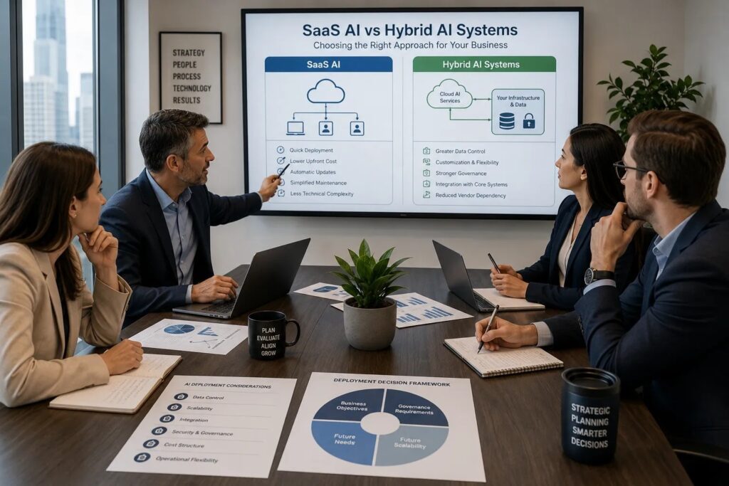 Business leaders comparing SaaS AI and hybrid AI deployment strategies