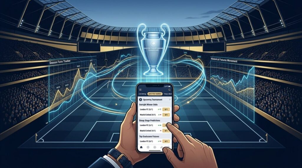 An explanatory guide illustrating how to navigate long-term tournament odds and lines for ante-post football betting on a mobile sportsbook interface.