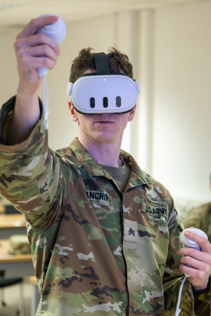 A player wearing a virtual reality headset immersed in a game