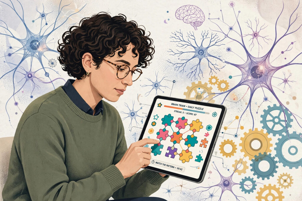 A person plays a colourful brain-training puzzle game on a tablet with abstract neurons in the background.