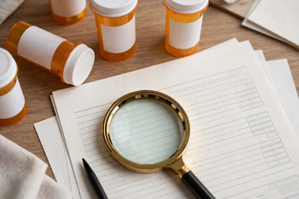 Prescription medicine bottles and a health care bill are examined with a magnifying glass on a desk.